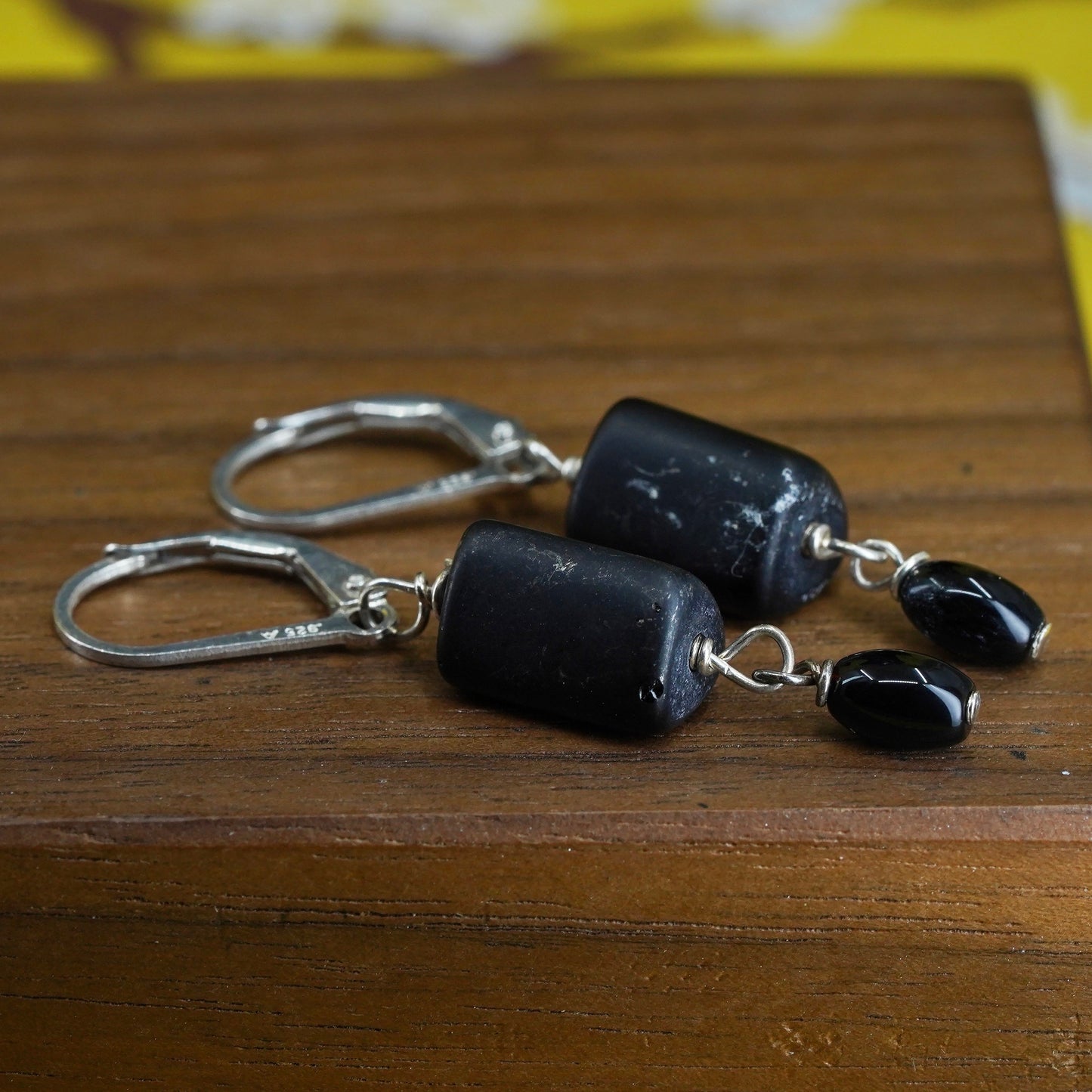Vintage sterling 925 silver handmade earrings, with teardrop black stone dangle