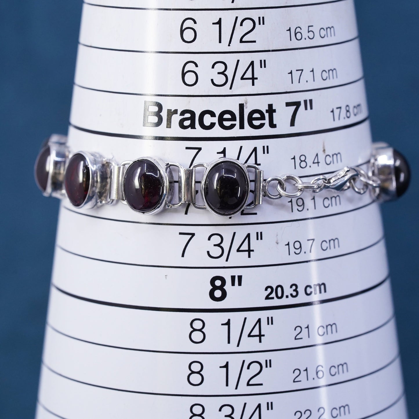 7.5", vintage Sterling 925 silver handmade tennis bracelet with oval garnet
