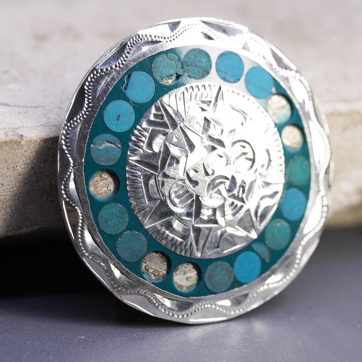 Taxco Mexico Sterling Silver Turquoise Aztec Sun Face Brooch Pendant 925 Jewelry