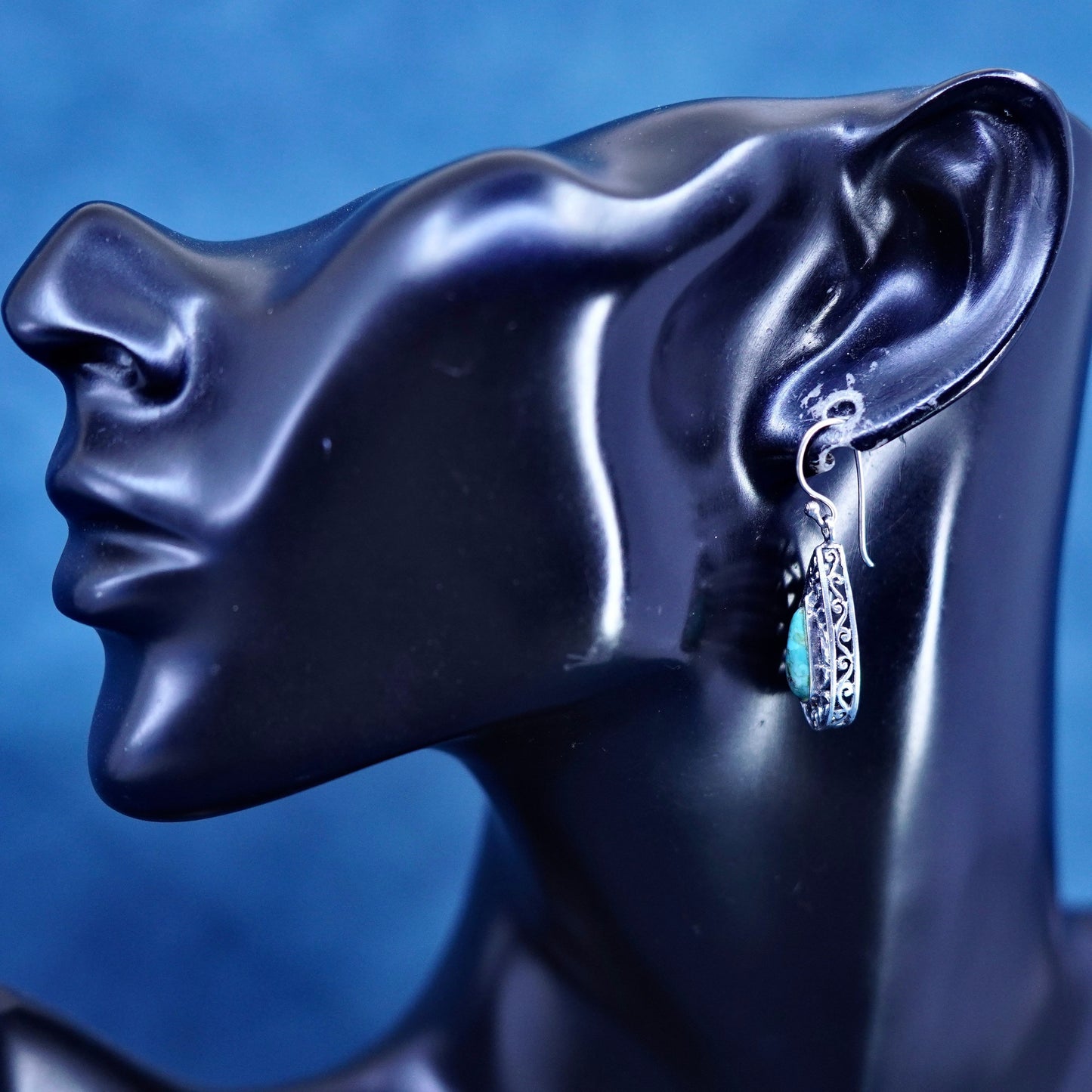 Vintage Sterling 925 silver handmade textured teardrop earrings with turquoise