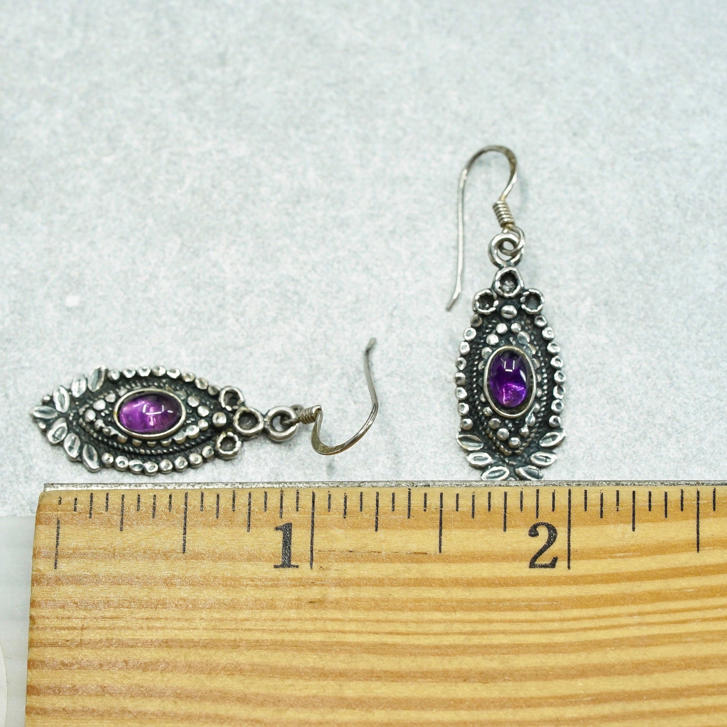 Vintage jewelry | Sterling 925 silver handmade leafy earrings with amethyst