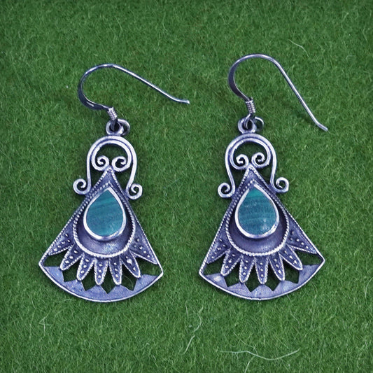 Vintage sterling 925 silver handmade teardrop earrings with malachite and beads