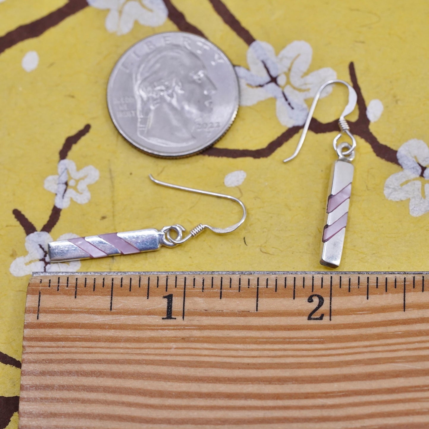 Vintage Sterling silver handmade earrings, 925 silver bar with mother of pearl