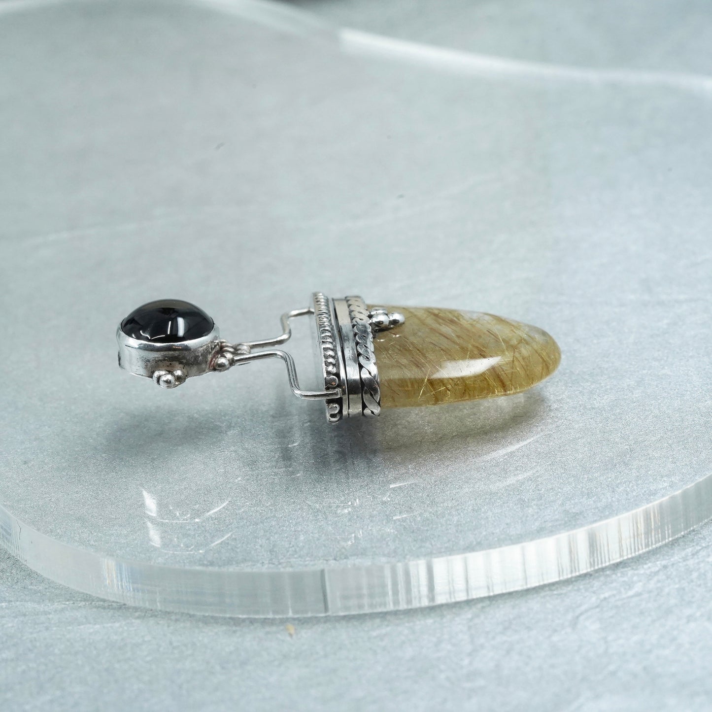 Vintage sterling 925 silver handmade pendant with rutilated quartz and onyx