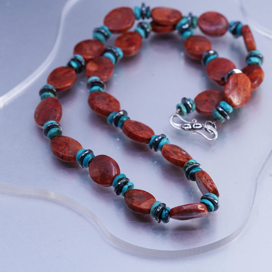 22", Native American Sterling Silver 925 necklace green turquoise coral beads