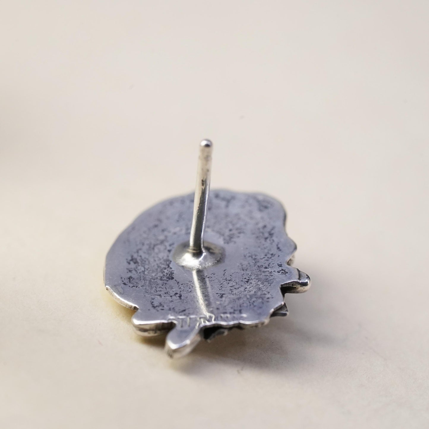 Native American Navajo handmade single earring. Sterling 925 silver stud coral