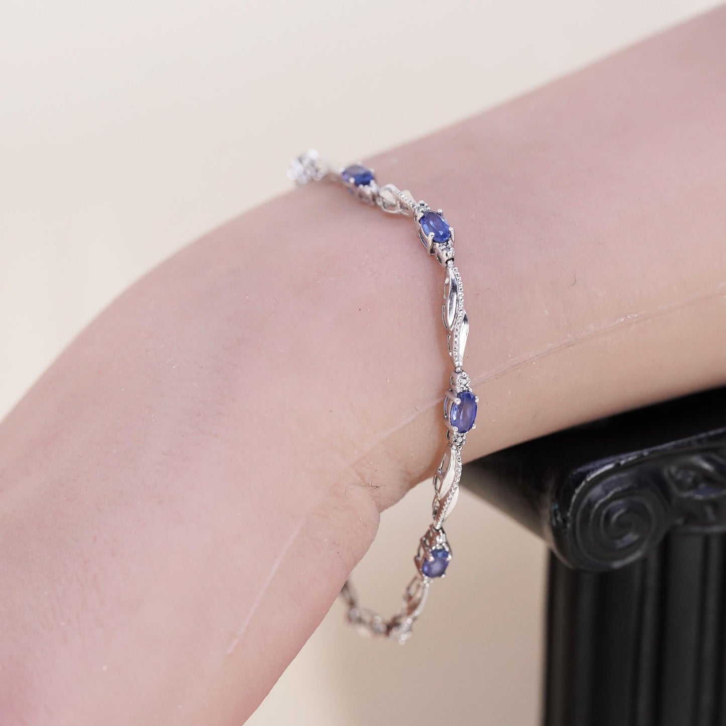7", Vintage sterling silver tennis bracelet, 925 chain with diamond sapphire