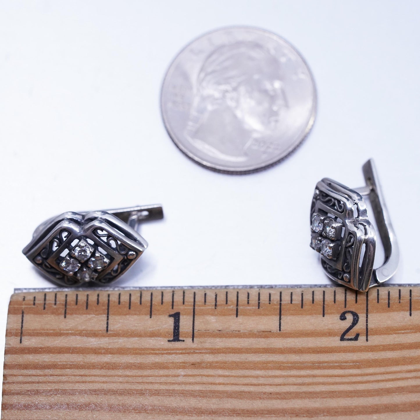 Vintage European Sterling 925 silver filigree earrings, studs with cz