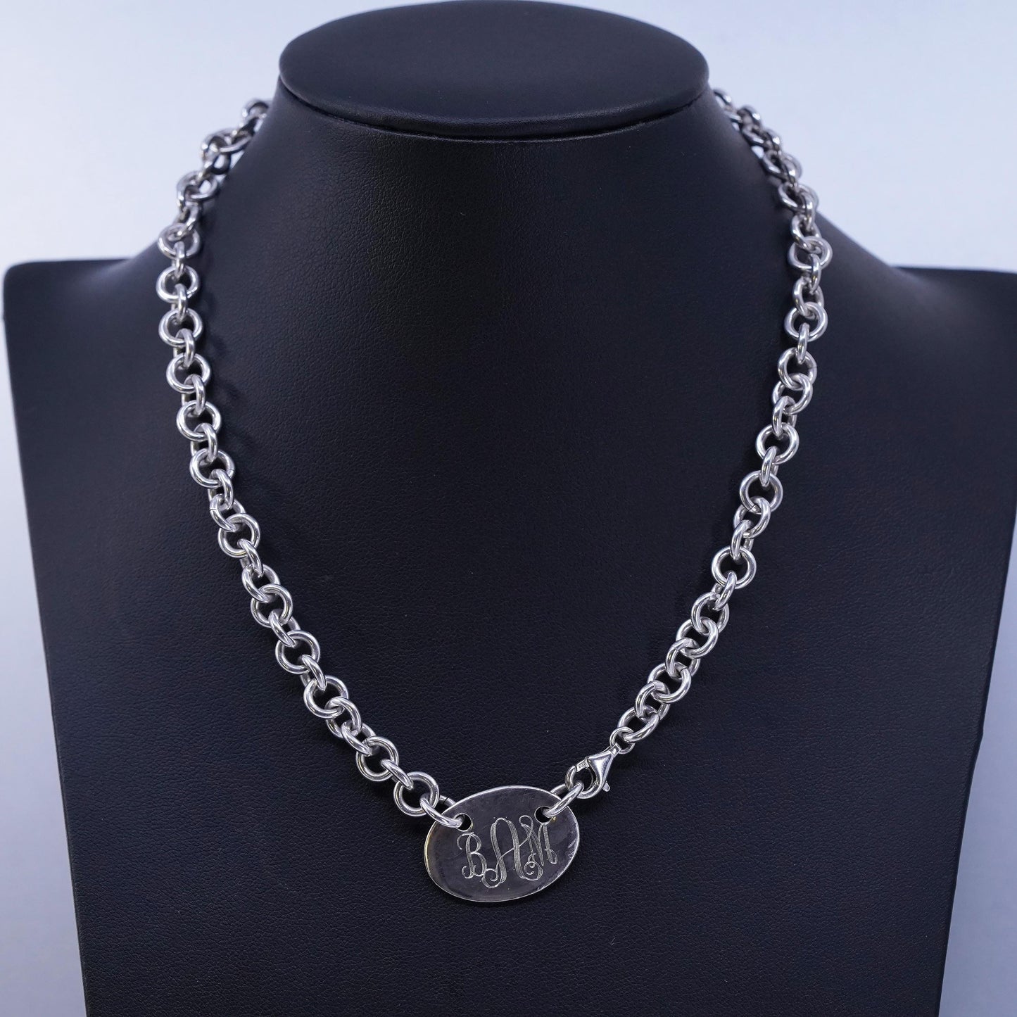 16”, vintage Sterling 925 silver handmade circle necklace with monogram BMA tag