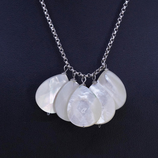 16", Sterling 925 silver circle necklace with mother of pearl teardrop pendants