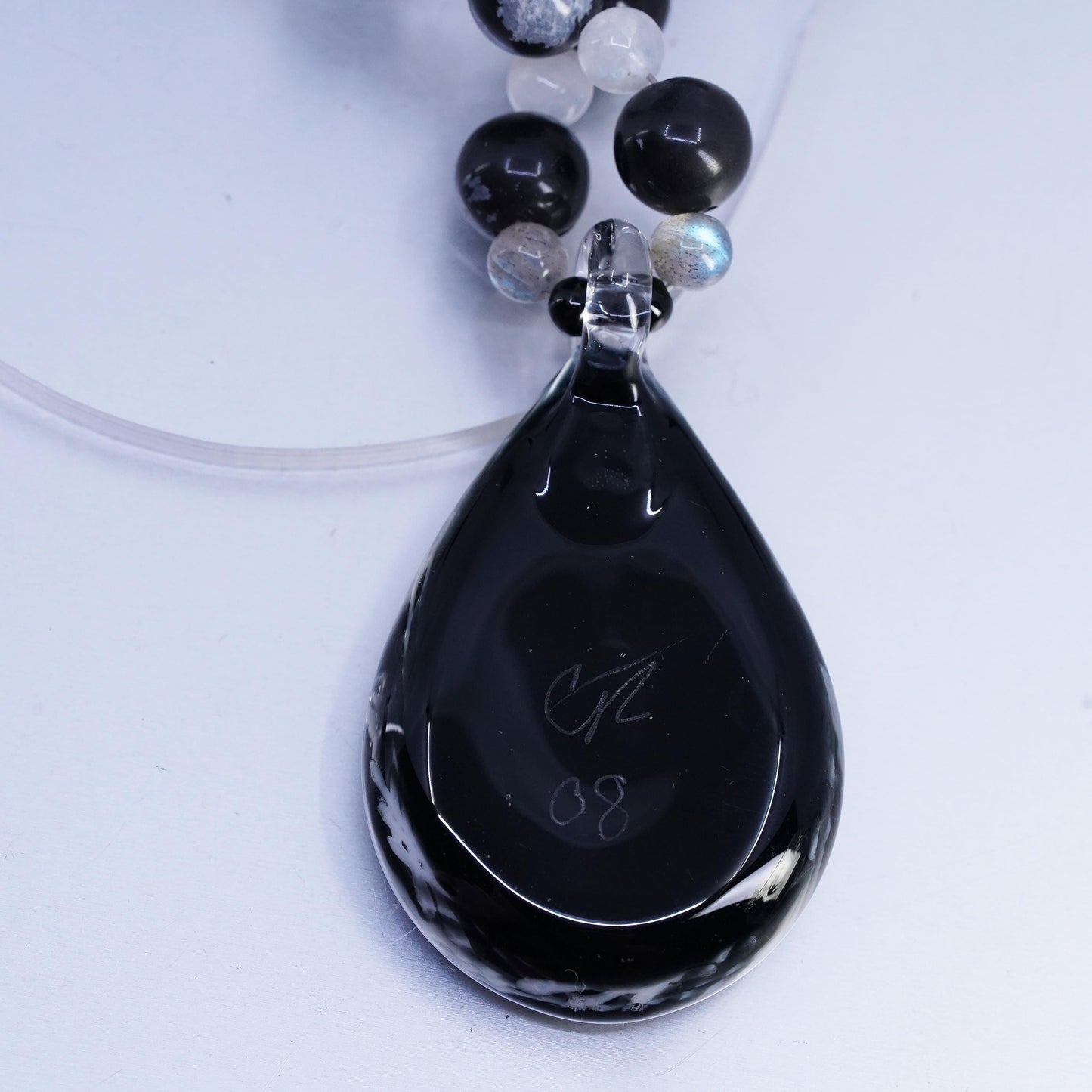 16+2", Sterling Silver 925 necklace with fossil coral labradorite glass pendant