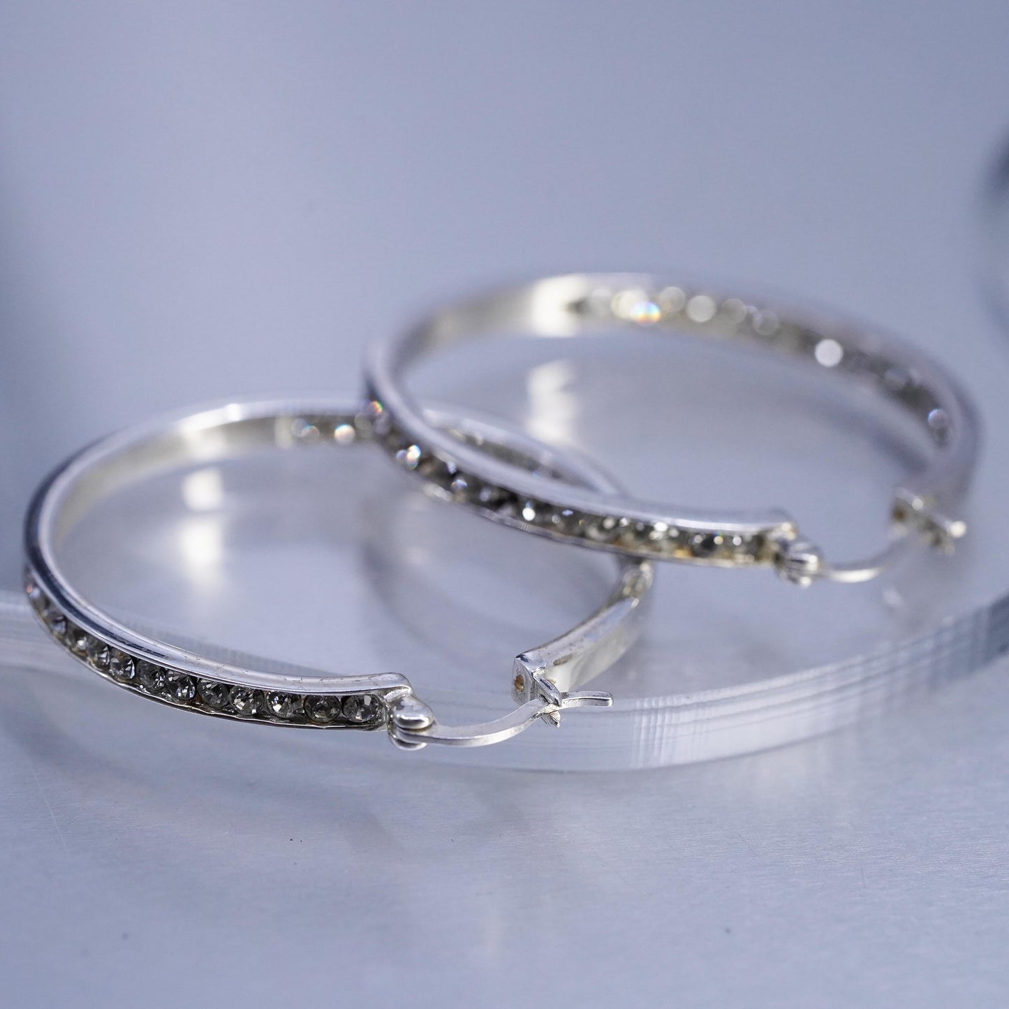 1.5", MISSING CZ vintage Sterling silver earrings, 925 hoops with cluster cz