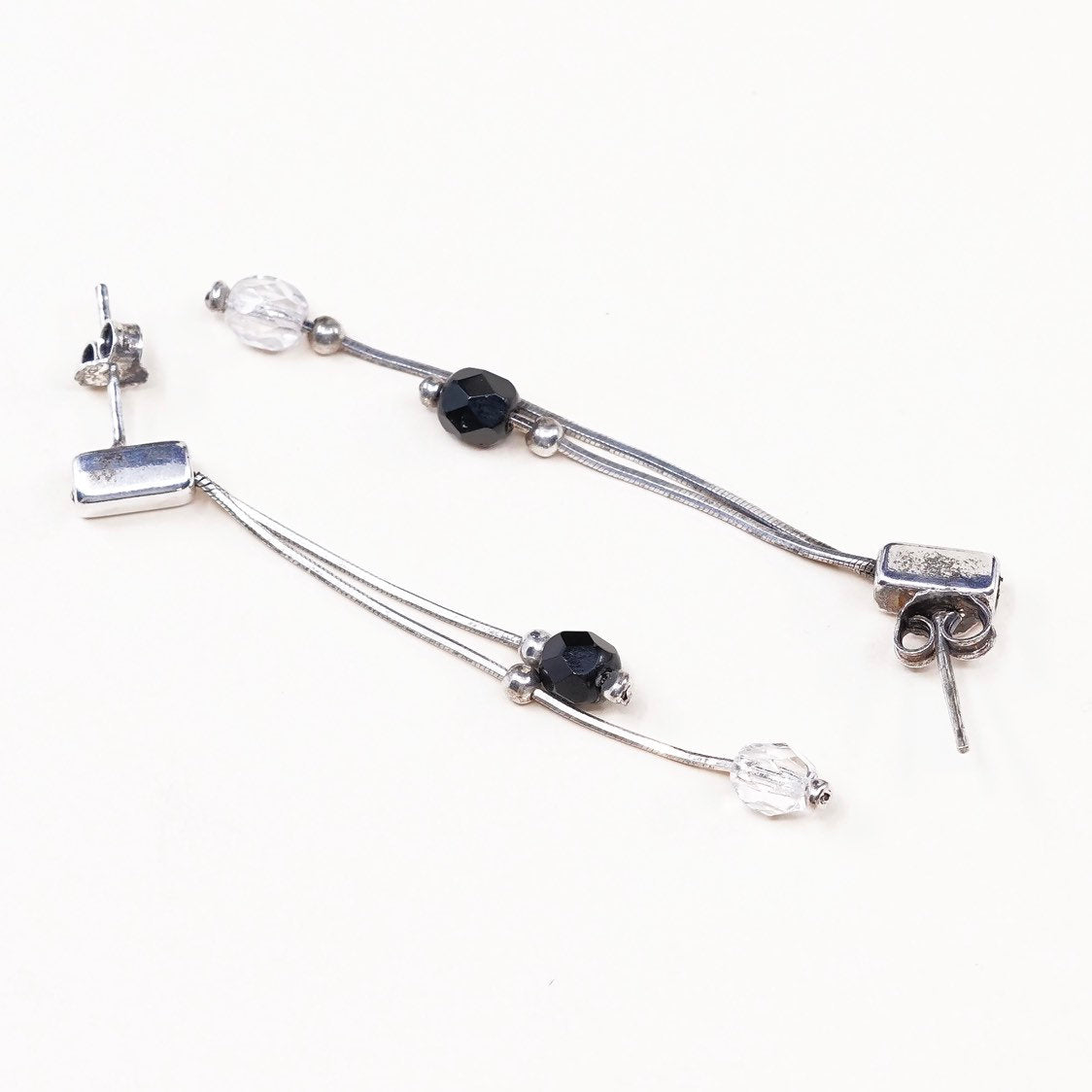VTG sterling silver handmade earrings, 925 fringe w/ crystal beads Dangles