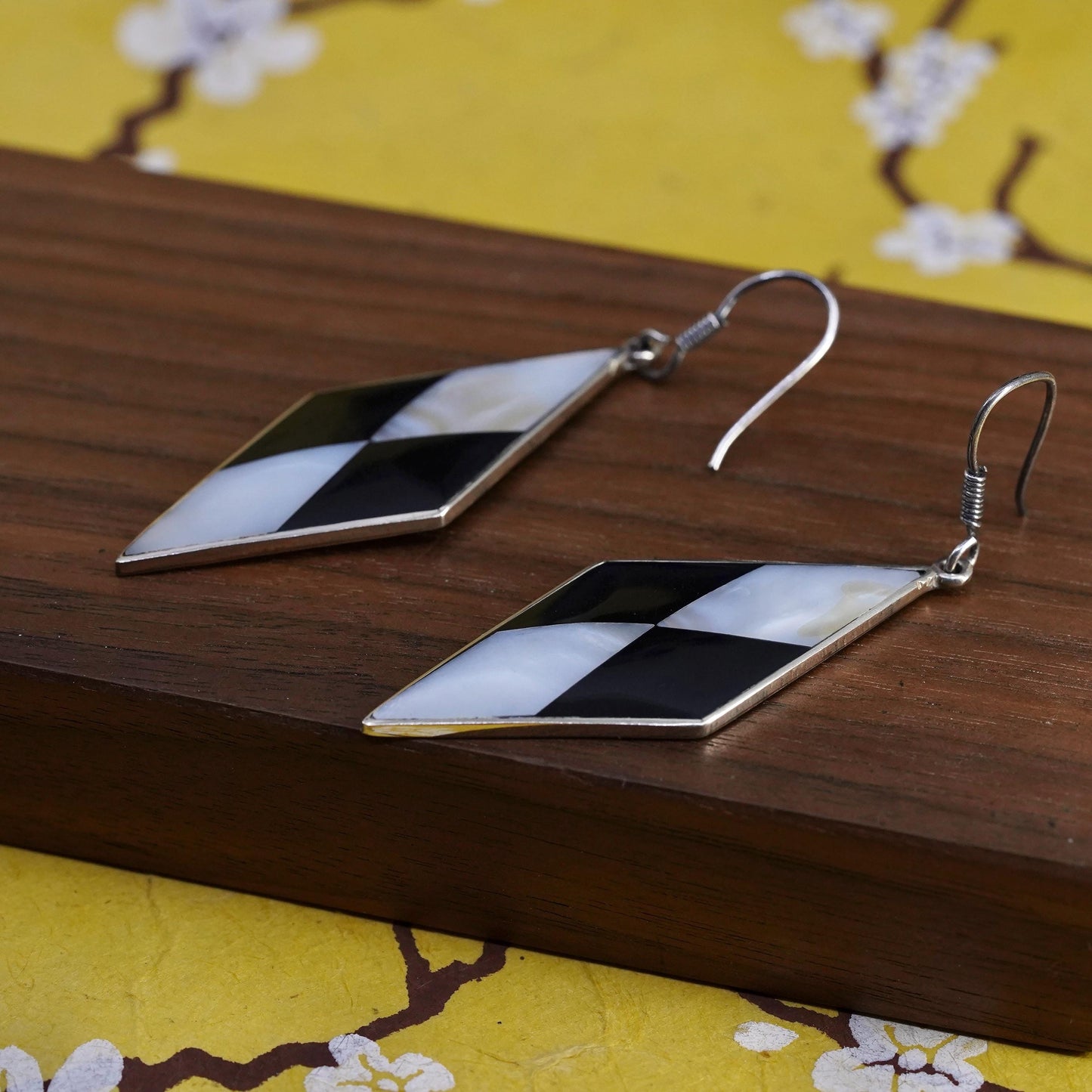 Vintage alpaca silver handmade earrings, diamond mother of pearl inlay dangles