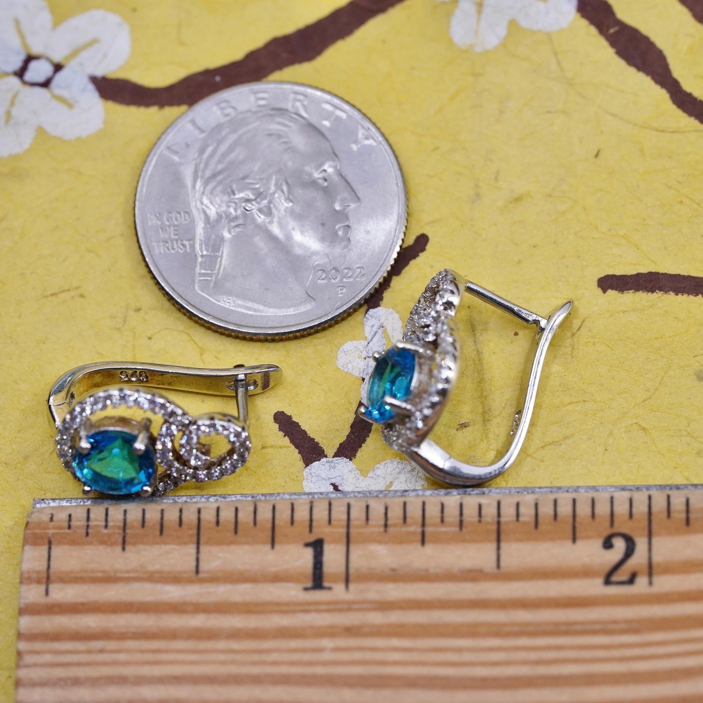 Vintage Sterling silver earrings, 925 Huggie hoops cluster cz blue crystal