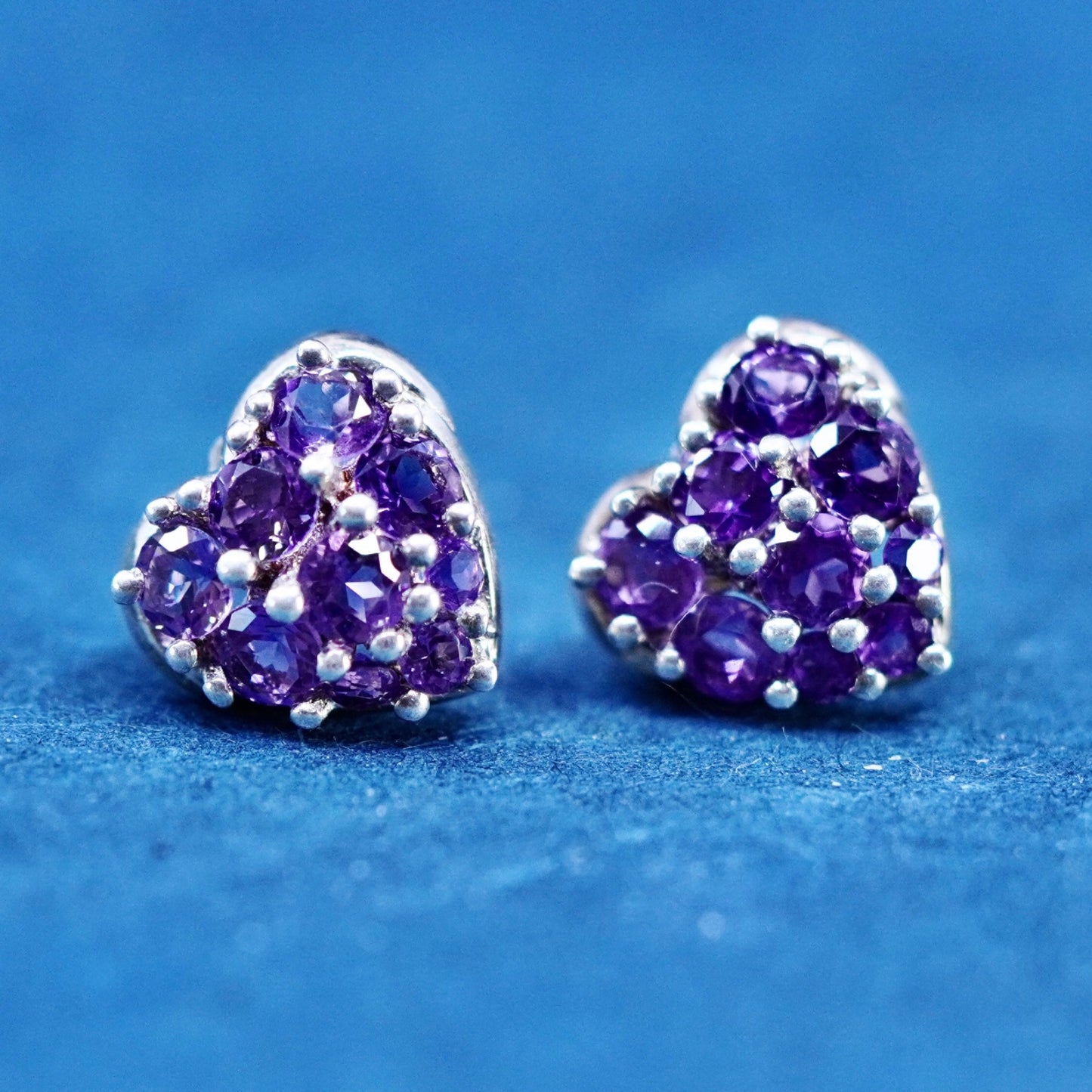 Vintage Sterling silver handmade earrings, 925 heart studs w/ cluster amethyst