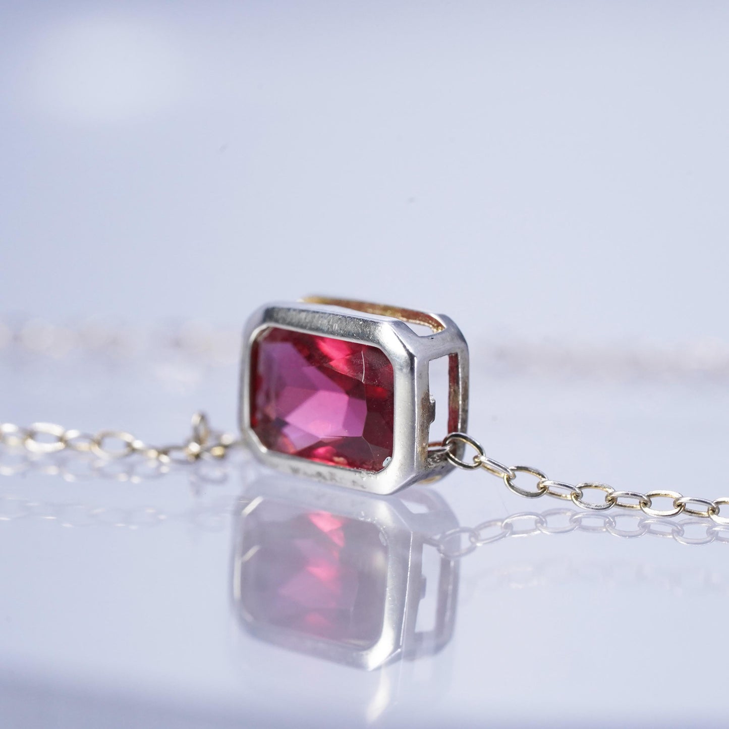 16+2”, vintage Sterling 925 silver flatten circle necklace with pendant pink Cz