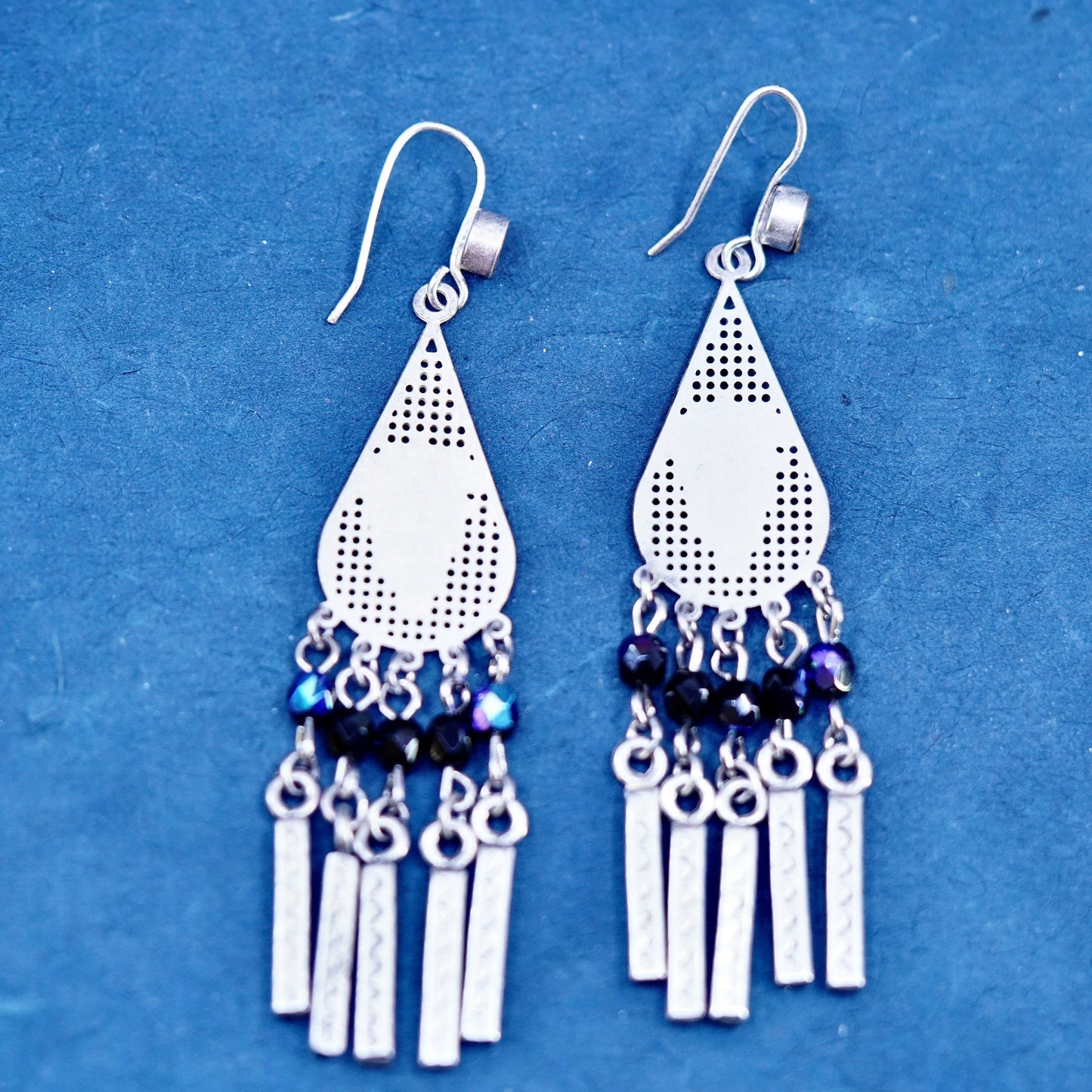 sterling silver handmade earrings, 925 teardrop engraved grapes fringe dangles