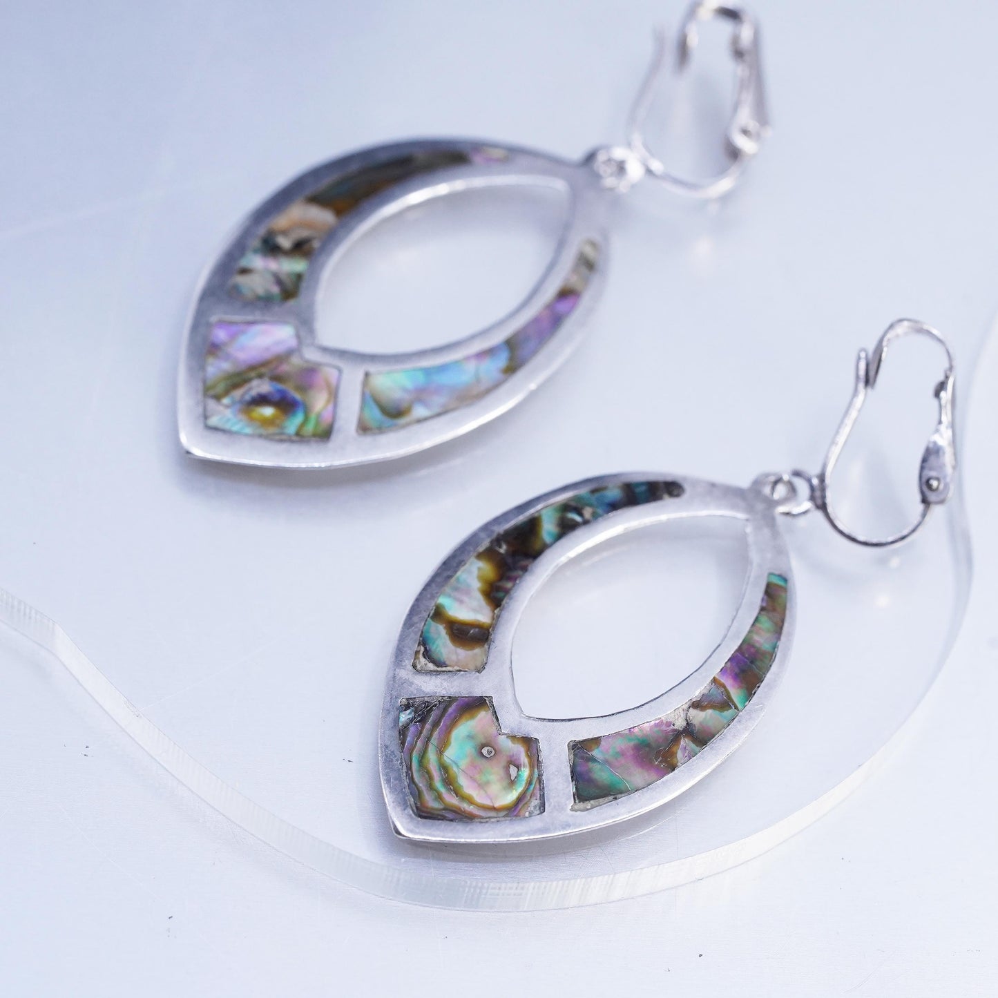 Vintage Mexican Sterling 925 silver earrings, leaf dangles clip on with abalone