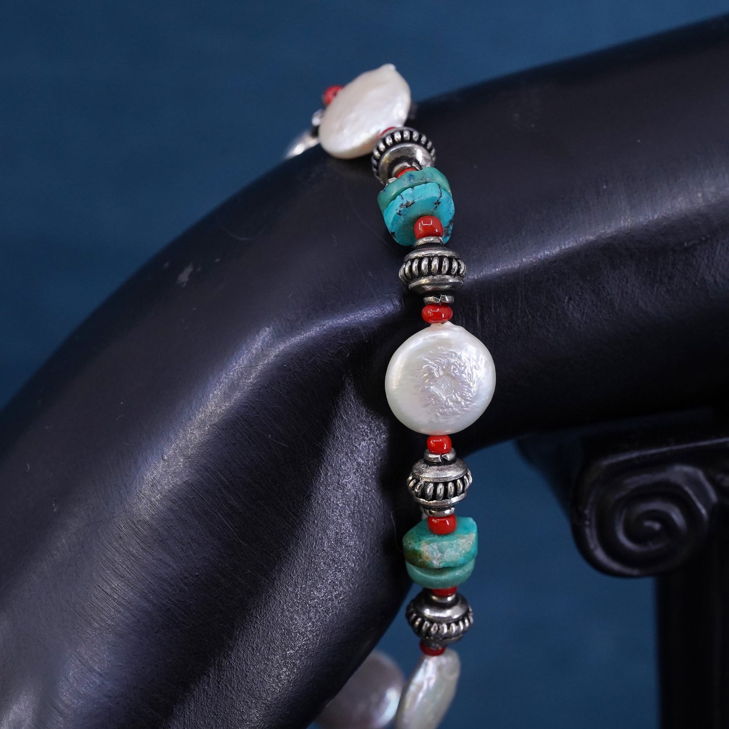 7.5”, sterling silver bracelet, Native American navajo turquoise and coin pearl