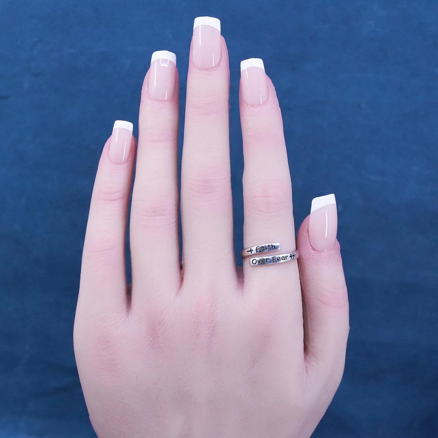 Size 7.5, Sterling silver ring, 925 wrap band engraved quote “faith over fear