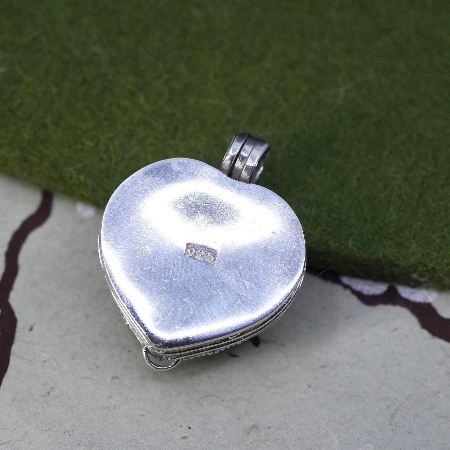 VTG Sterling silver handmade pendant, beaded 925 heart locket charm amethyst