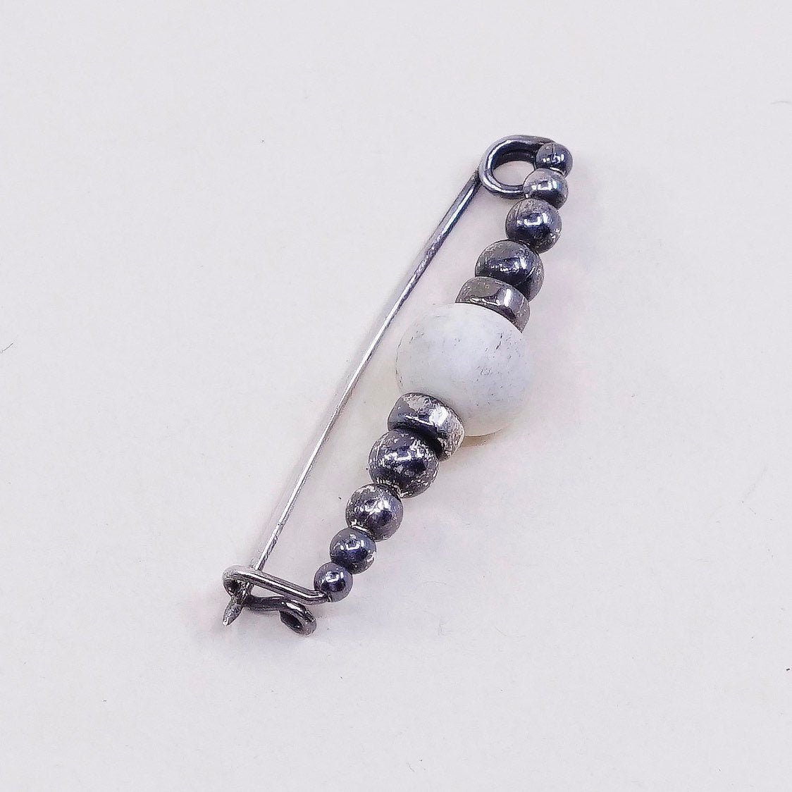Vintage sterling silver handmade brooch, modern 925 silver pin with beads, Silver tested