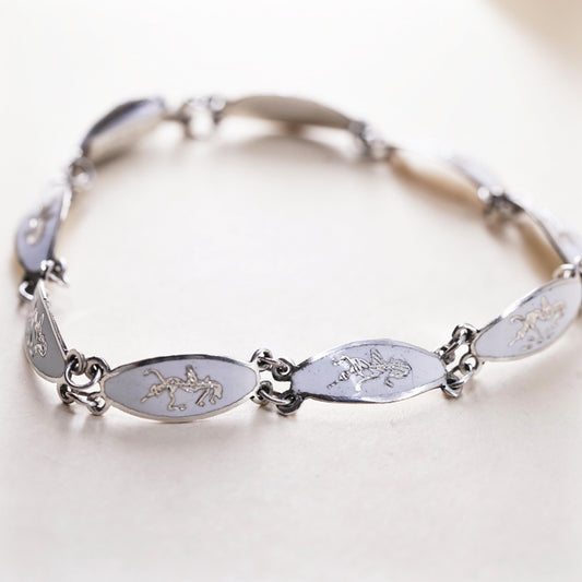 7.25”, vintage Indian Siam sterling silver 925 links bracelet with white enamel