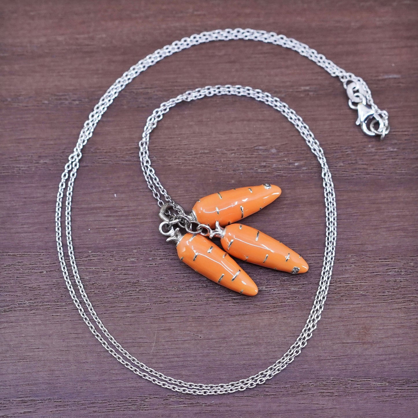 24”, sterling silver handmade necklace, 925 circle chain enamel carrots pendant