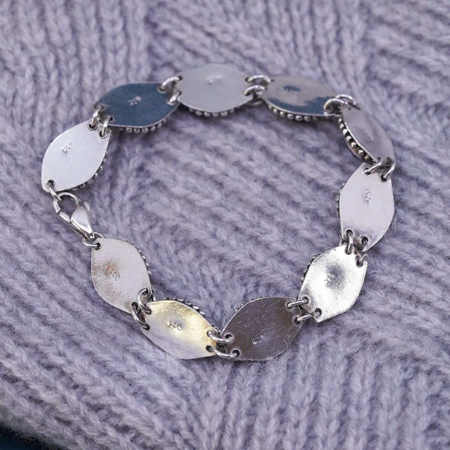 6.75", Sterling silver handmade bracelet, 925 beads links chain blue crystal