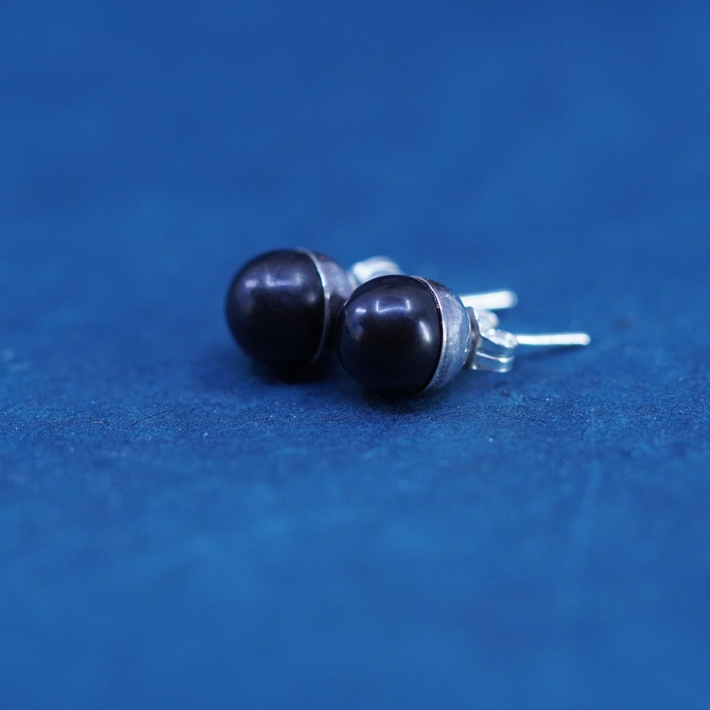 Vintage sterling silver handmade earrings, 925 studs with obsidian inlay