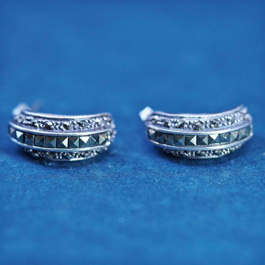 Vintage Sterling 925 silver handmade huggie hoop earrings with marcasite