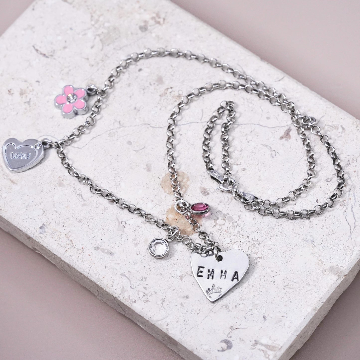 20”, Sterling silver charm necklace, 925 circle chain with heart pendant Emma
