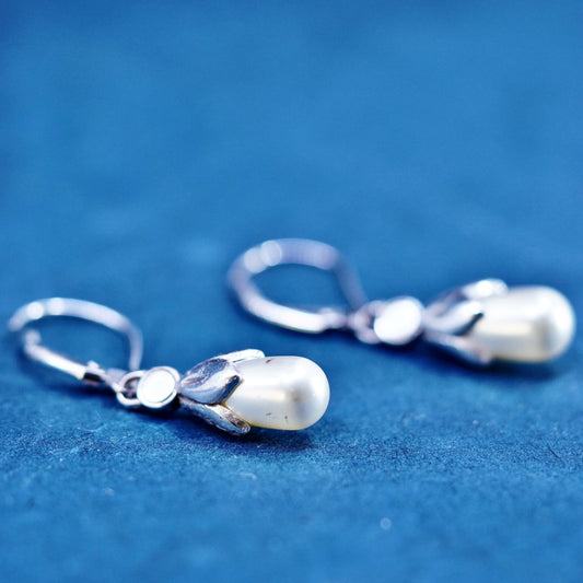 Vintage sterling silver handmade earrings, 925 hooks with pearl