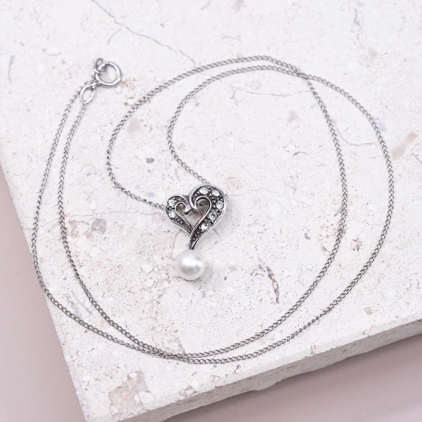 18", vintage Sterling silver necklace, 925 curb chain heart pearl cz pendant