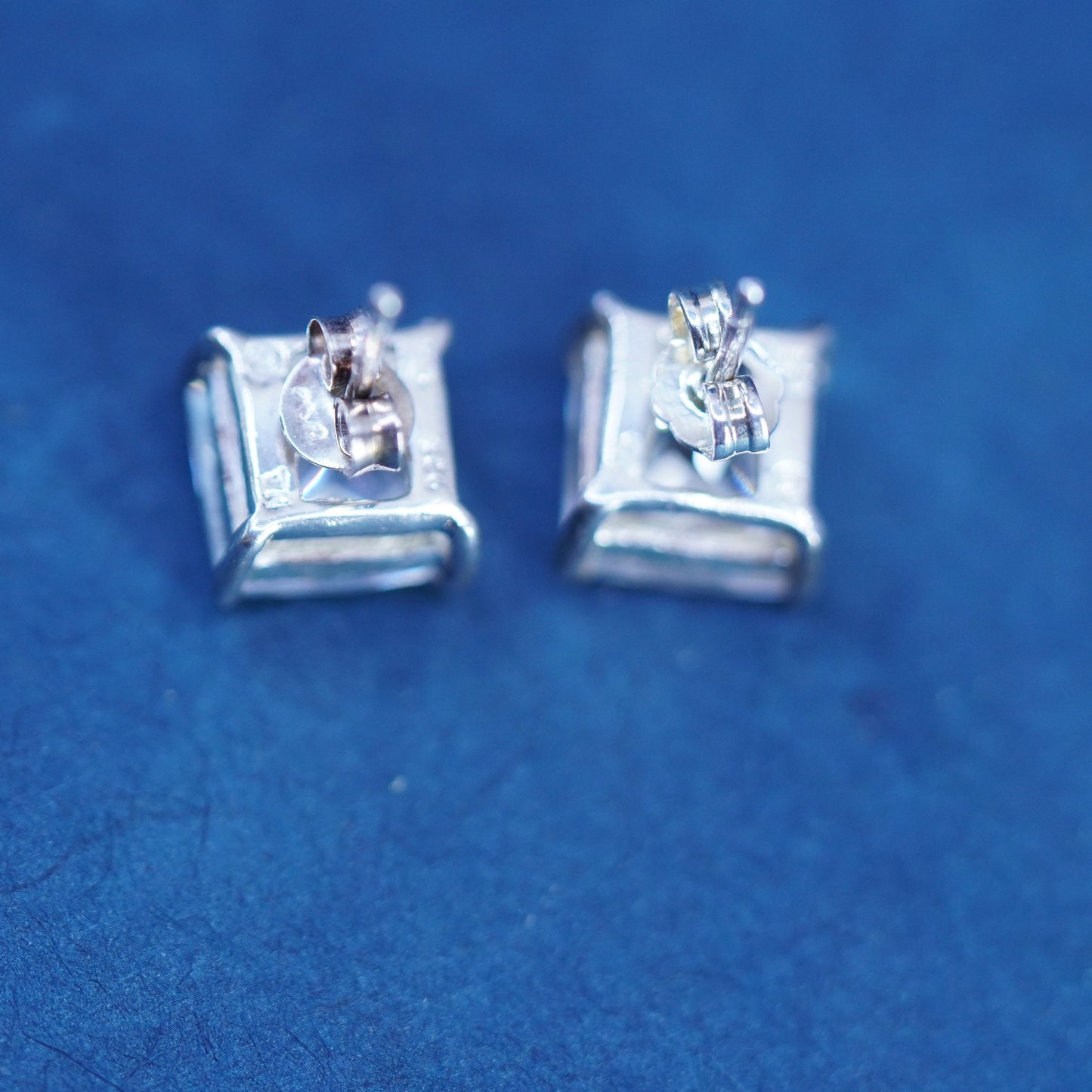 9mm, Vintage sterling silver handmade earrings, 925 rectangular studs with CZ