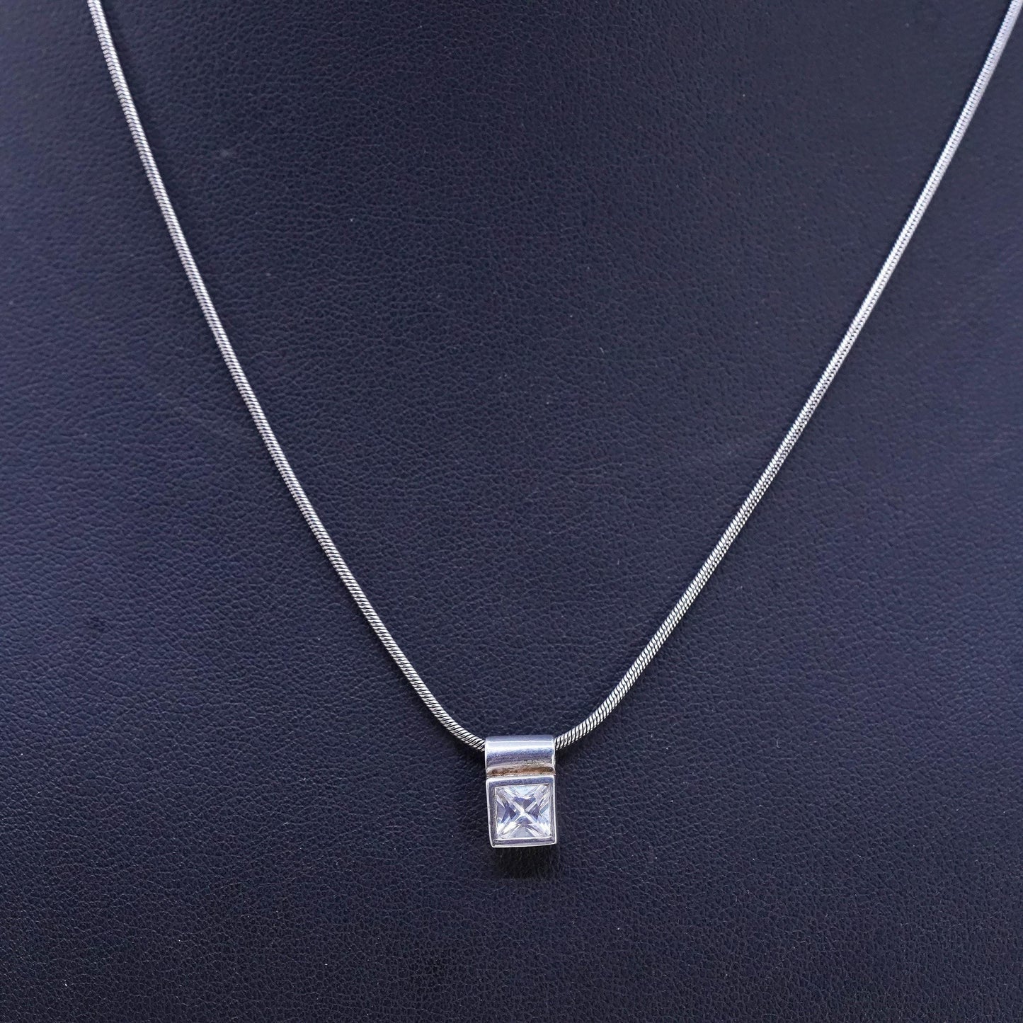 15+1", vintage Sterling silver necklace, 925 snake chain with square cz pendant