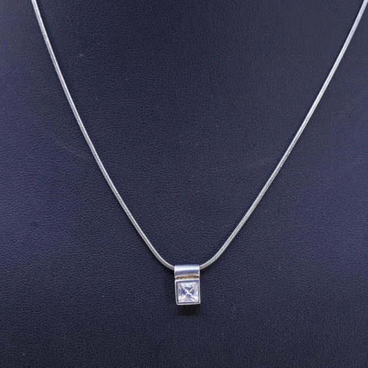 15+1", vintage Sterling silver necklace, 925 snake chain with square cz pendant