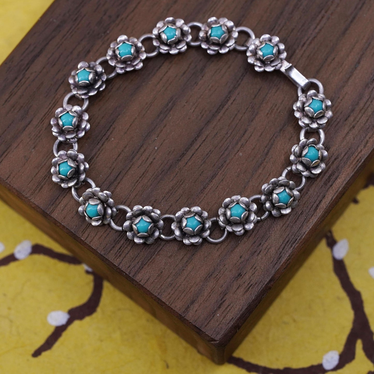 5.5", Vintage Sterling silver bracelet, southwestern 925 flower with turquoise