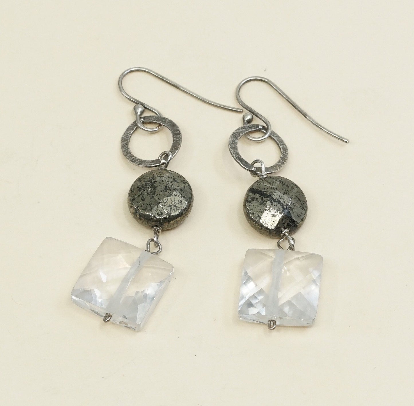 vtg sterling silver handmade earrings, 925 with cushion cut clear crystal