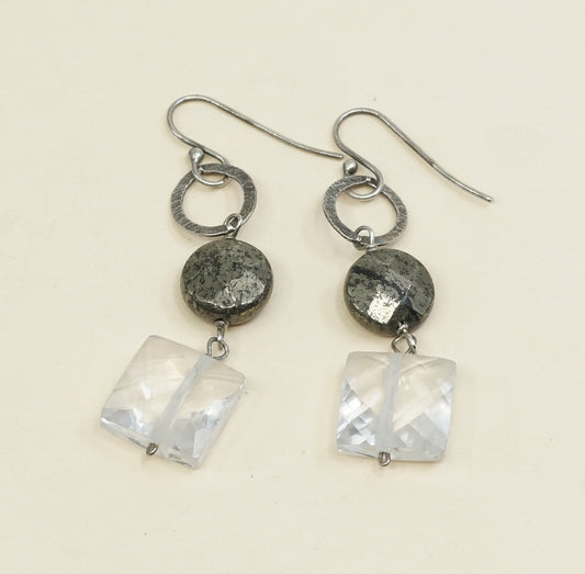 vtg sterling silver handmade earrings, 925 with cushion cut clear crystal