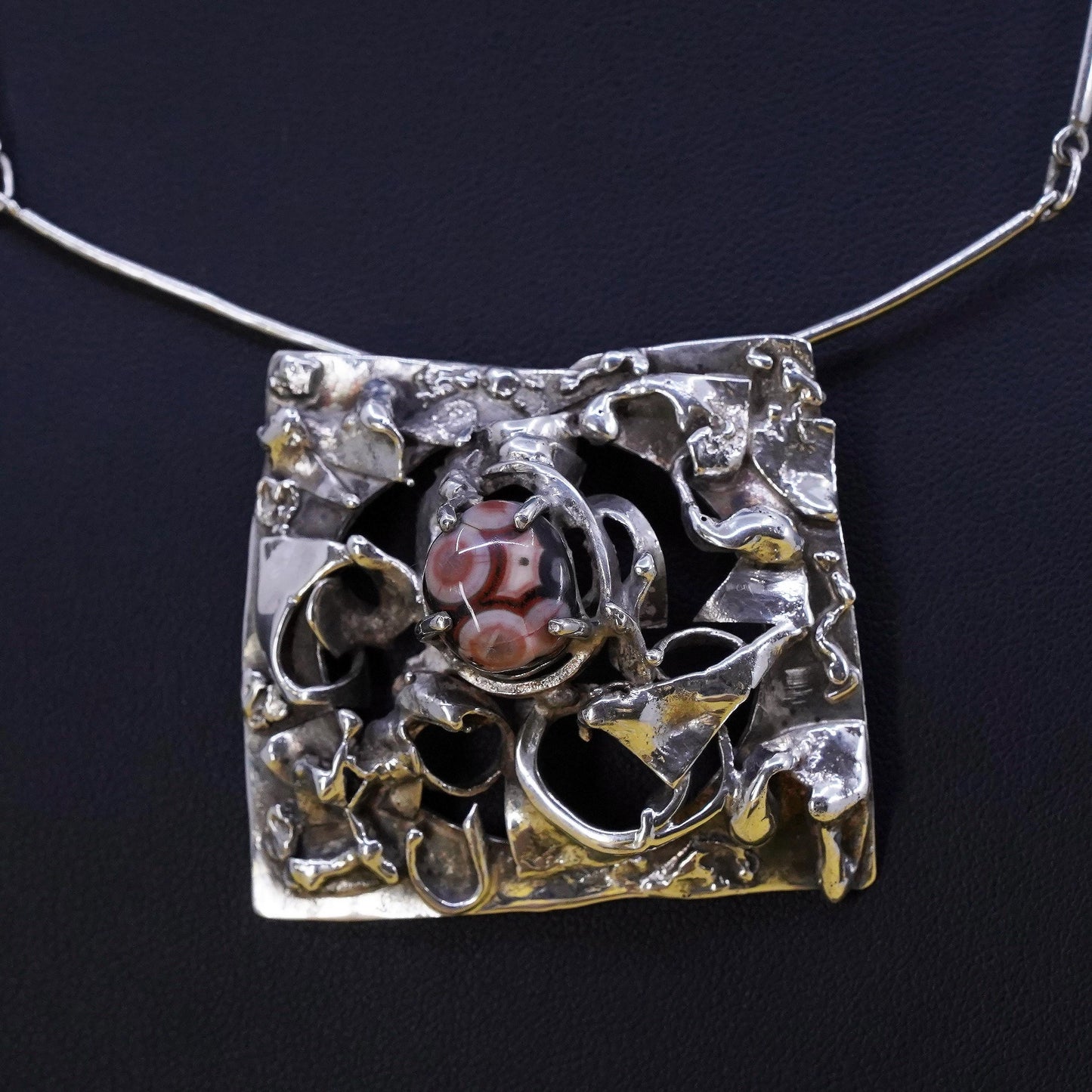 16", Sterling silver brutalism necklace, 925 bar chain oval agate pendant