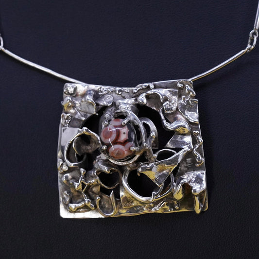 16", Sterling silver brutalism necklace, 925 bar chain oval agate pendant