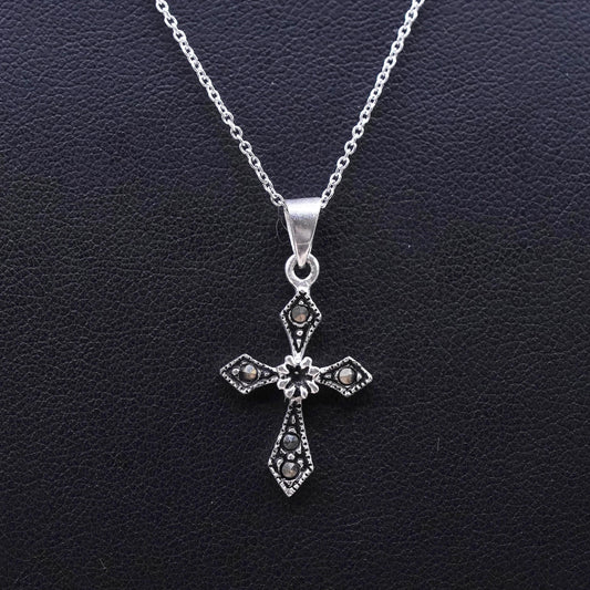 18” Sterling 925 silver circle chain necklace with cross pendant and marcasite