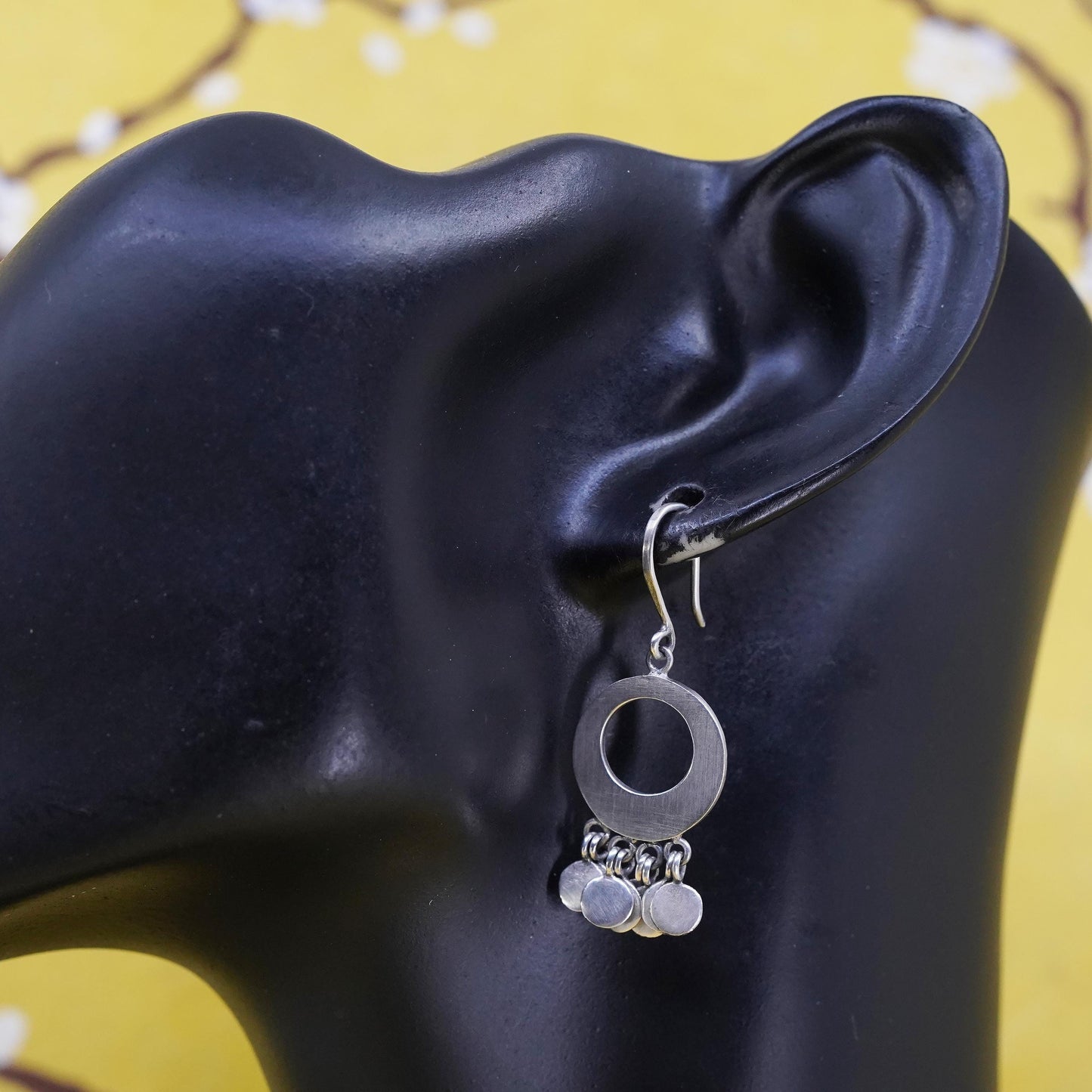 VTG matte Sterling silver handmade earrings, 925 circle dangle cluster discs