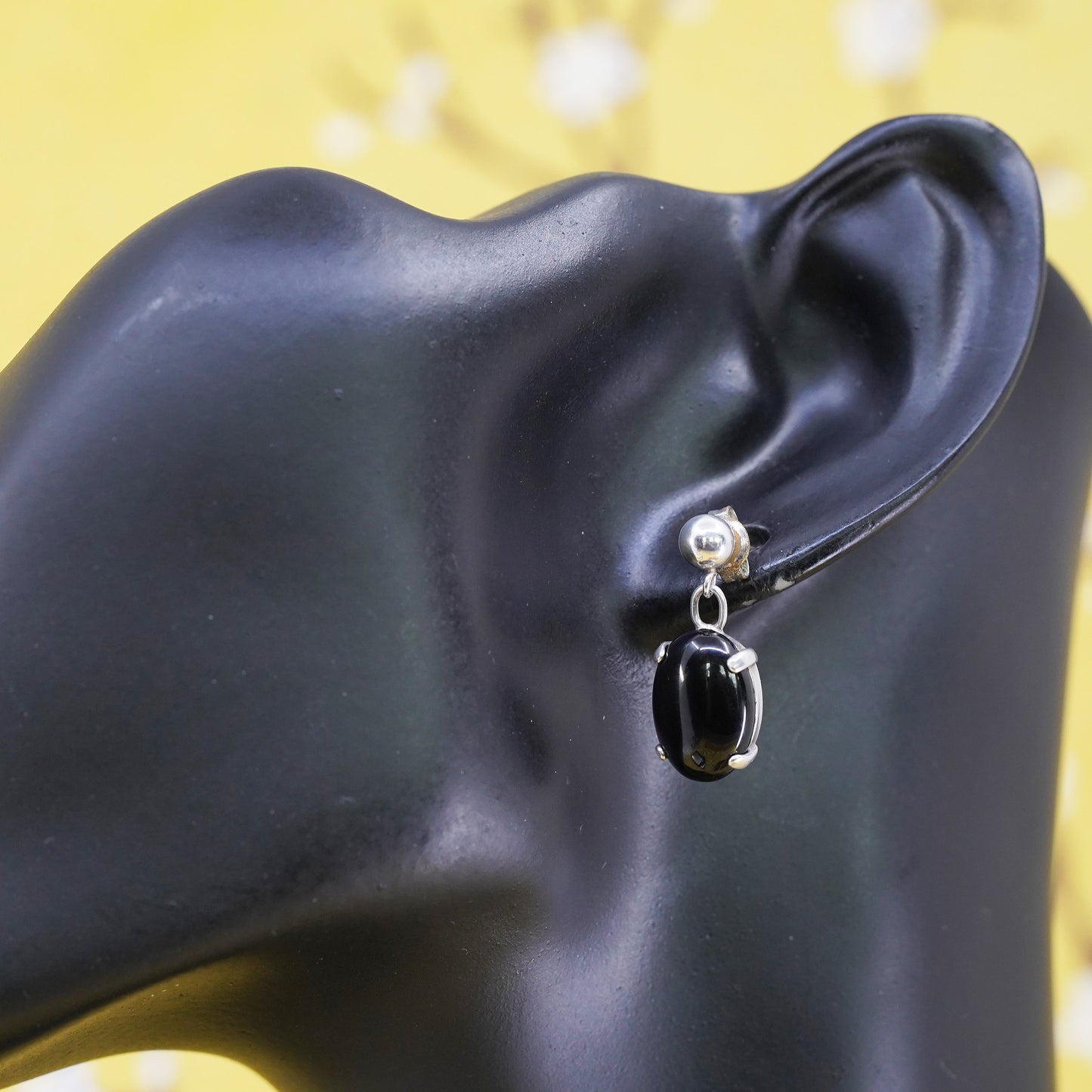 Vintage Sterling 925 silver handmade earrings with oval onyx dangles