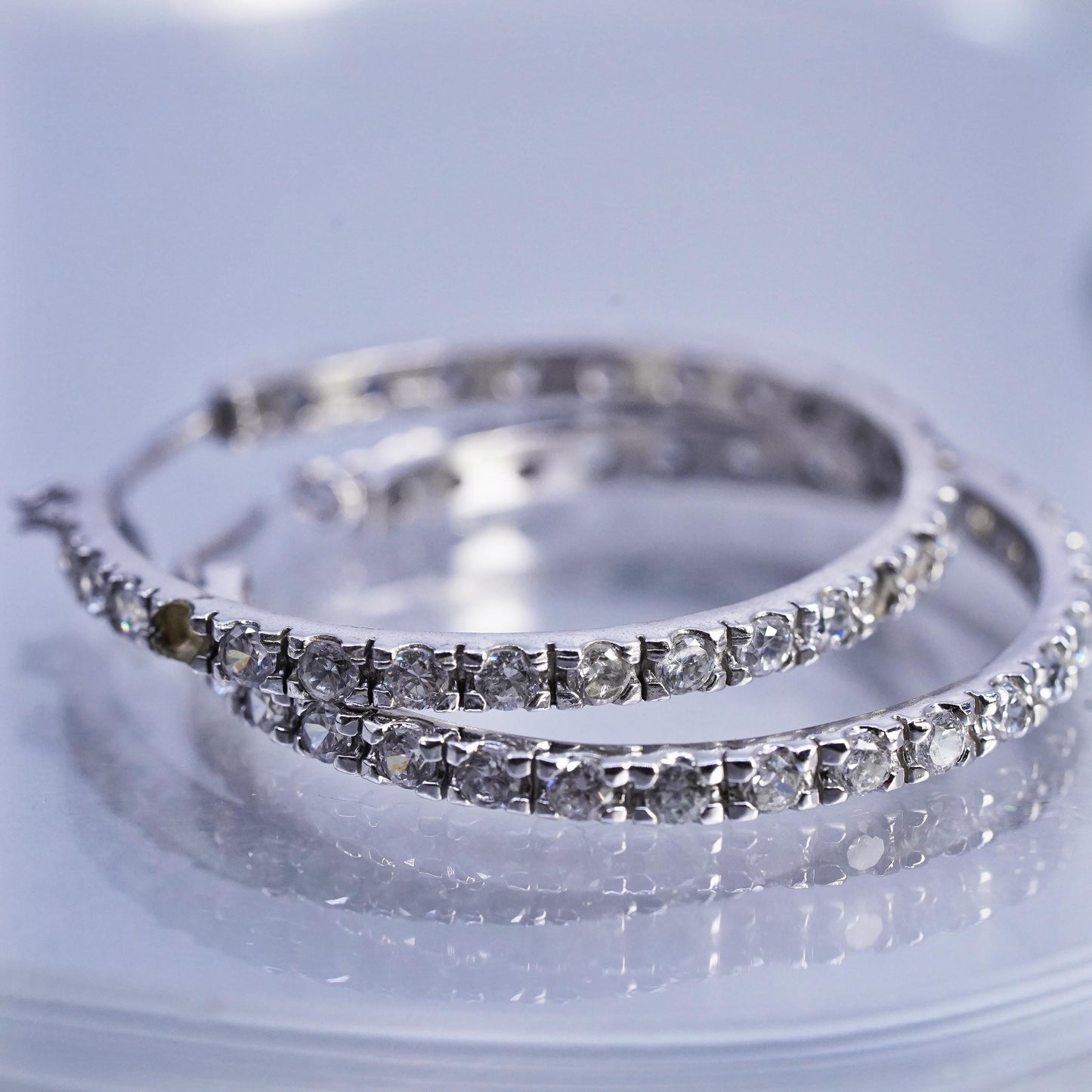 1.5", MISSING CZ vintage Sterling silver earrings, 925 hoops with cluster cz