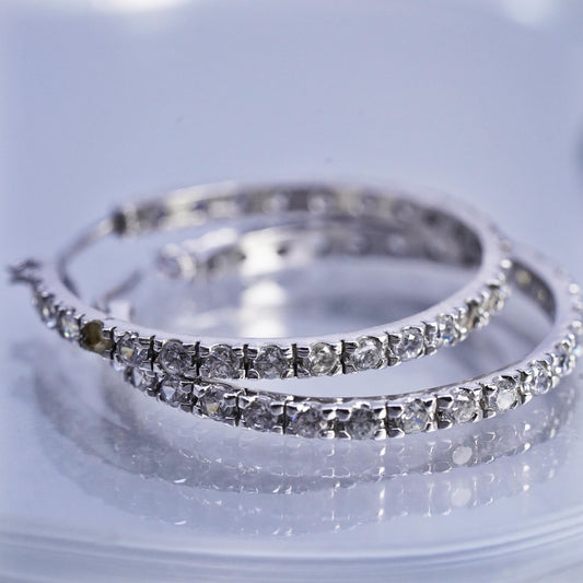 1.5", MISSING CZ vintage Sterling silver earrings, 925 hoops with cluster cz