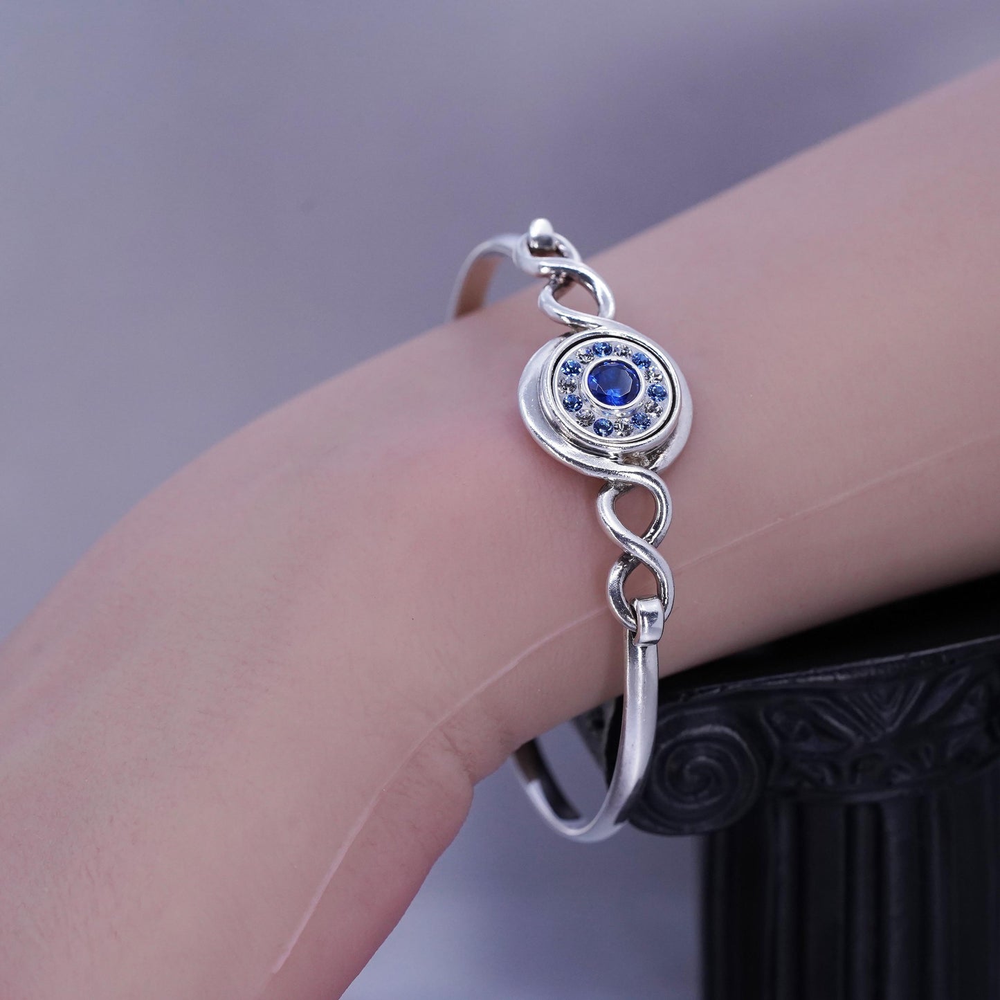 7”, Sterling 925 silver bracelet, hinged interchangeable bangle crystal inlay