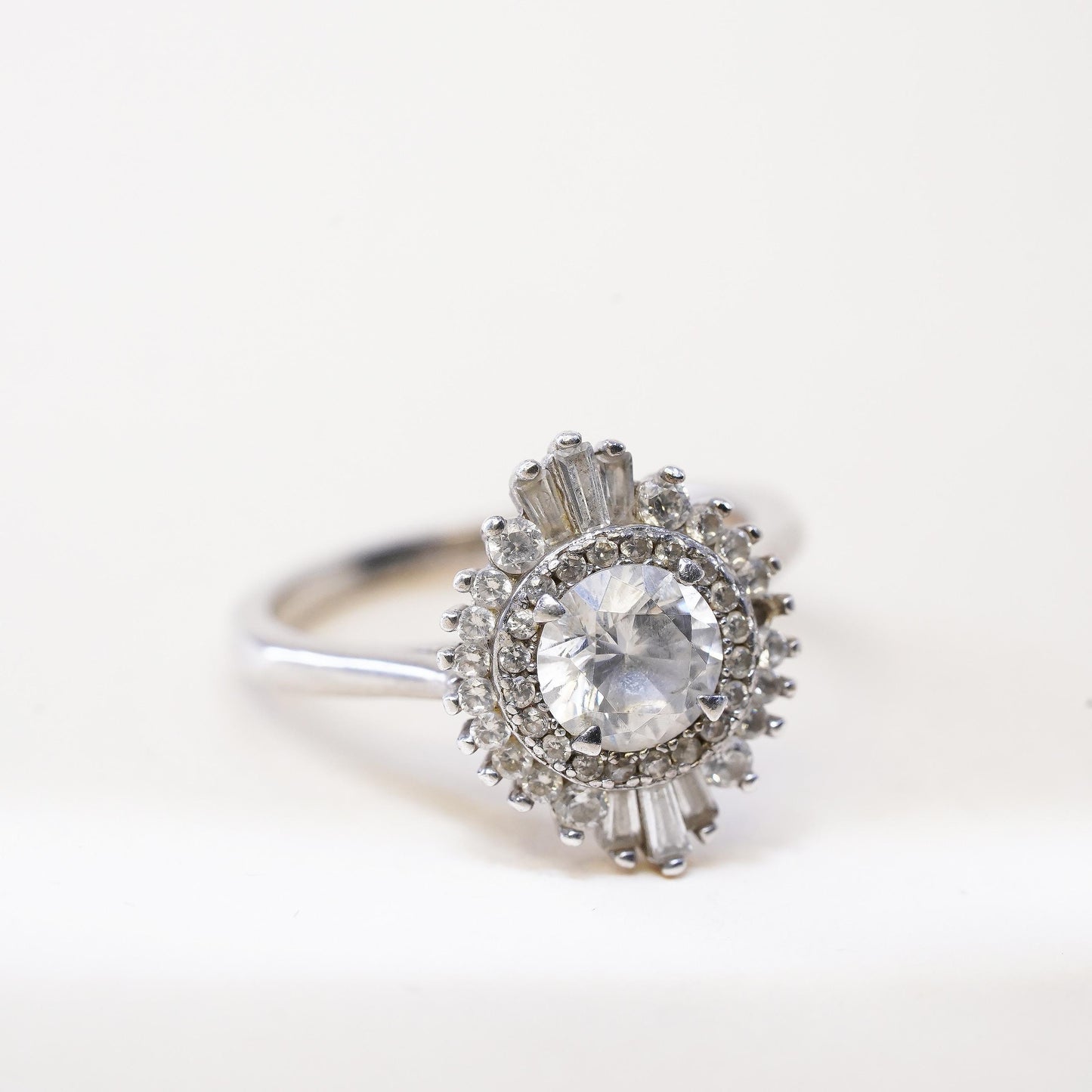 Size 4.5, 925 Sterling silver ring with crystal and CZ cluster, engagement ring
